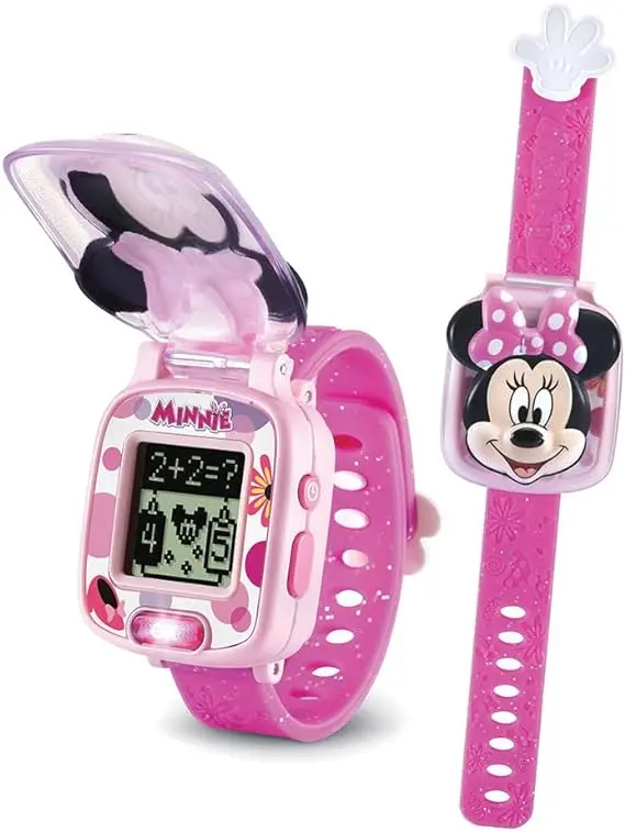 VTech - Disney Junior, La Montre-Jeu Interactive de Minnie, Montre Enfant à Clapet avec Écran Animé, Bracelet Souple, 8 Cadrans, 4 Jeux Éducatifs, Cadeau Enfant de 3 Ans à 7 Ans - Contenu en Français