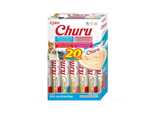 INABA Churu - Friandises pour Chats en Purée aux 4 Saveurs de Fruits de Mer et Thon - Délicieux Snacks pour Félins - Texture Lisse et Onctueuse - Nourriture pour Chats - 20 Tubes x 14g