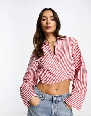ASOS DESIGN - Chemise cache-cœur à rayures - Rouge et blanc | ASOS