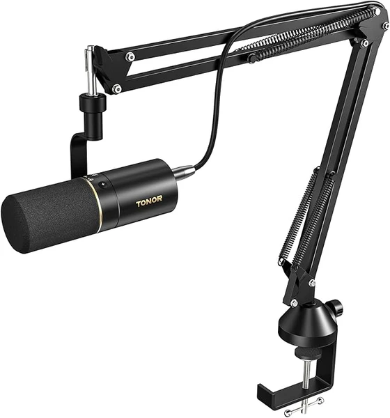 TONOR Micro Cardioïde Dynamique USB/XLR avec Bras de Support pour PC, Microphone de Studio pour Podcasting, Gaming, Streaming, Enregistrement Vocal avec Prise Casque 3,5 mm, Bouton Mute,TD510+