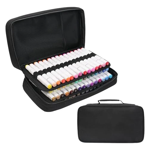 BOMKEE Étui Organiseur pour 60 Marqueurs, Grand Étui pour 60 Marqueurs, Grande Capacité de Stockage pour Marqueurs, Étui pour Stylos, Trousse à Crayons avec Poignée de Transport