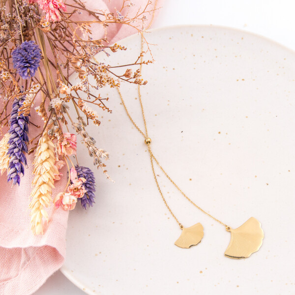 Sautoir / collier long doré feuilles de ginkgo