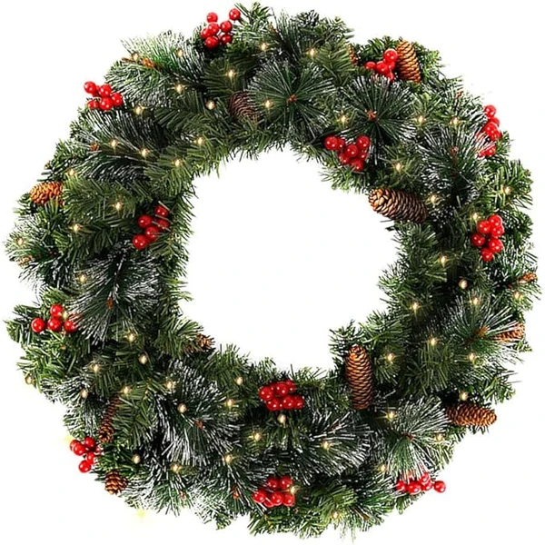 Guirlande Sapin Artificiel Nëol Lumineuse Vert avec Pomme de pin Fruit Rouge,Couronne Sapin Noël pour décoration Cheminée Porte Escalier (60CM, Couronne avec LED)