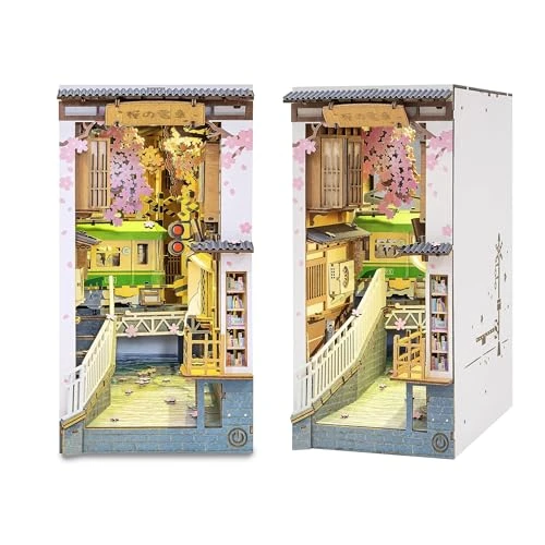 ROWOOD DIY Book Nook Kit - Puzzle 3D Maquette de Booknook en Bois a Construire - Kit de Maison de Poupées Miniatures avec Lumière LED - Construction Bois Modelisme Maquette Adulte - Sakura Densya