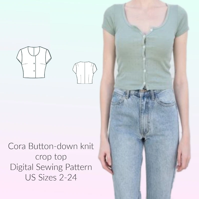 Patron de couture pour haut court en tricot | Cora boutonnée, tailles US 2-24 (PDF numérique)