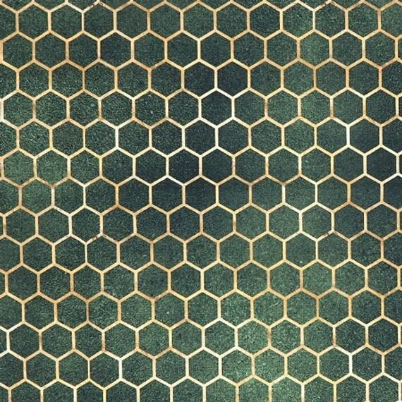 Green Gold Honeycomb Printed Fabric Upholstery Home Decor Velvet Sell By Half a Metre
