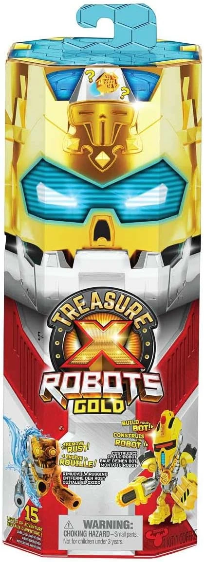 TREASURE X Robots Gold - 6 Robots à découvrir. Enlève la Rouille et Assemble Ton Robot. 15 Niveaux d’Aventure. Découvriras-tu Un trésor avec de l’Or véritable ?