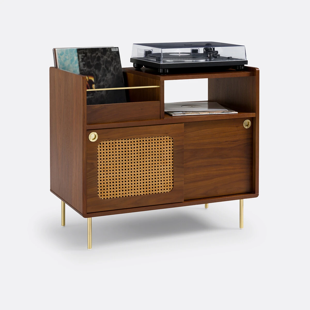 Meuble vinyles en noyer et cannage, Redpop