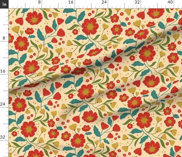 Fabric in Big Flowers on Vine in Bold Red with Mustard and Turquoise on Cream