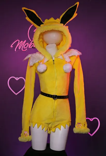 PM Derivative Sexy Lingerie Body Jaune Plush Hooded Deep V Barboteuse et Bas avec Ceinture et Queue pour Femme