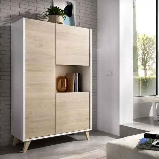 Buffet haut 3 portes - Décor Chêne et blanc - NESS - L 81 x P 43 x H 135 cm