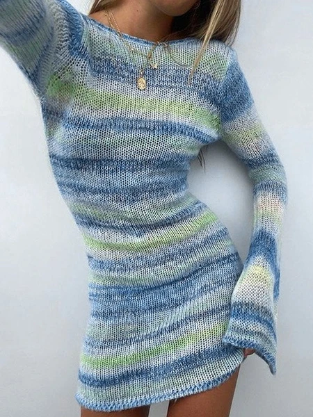 Mini-robe vintage en tricot rayé dos nu avec manches trompette