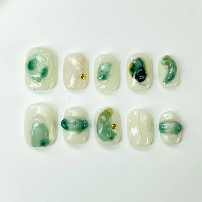 Teinture au halo d’eau d’humeur vert émeraude coiffant les ongles en gel | Appuyez sur Nail | Ongles faits à la main | Art des ongles | Faux ongles |