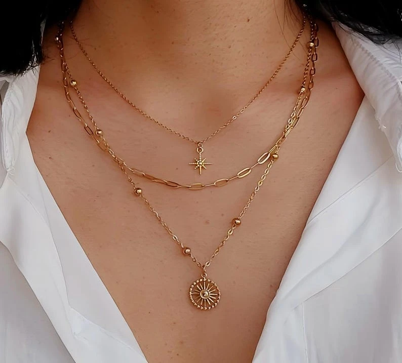Set of 3 necklaces, set of three necklaces, stainless steel necklace, celestial pendant necklace, multi-layered, gold necklace jewelry.olli