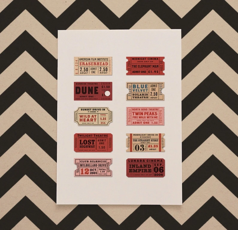 Filmographie de David Lynch : impression de billets de cinéma vintage