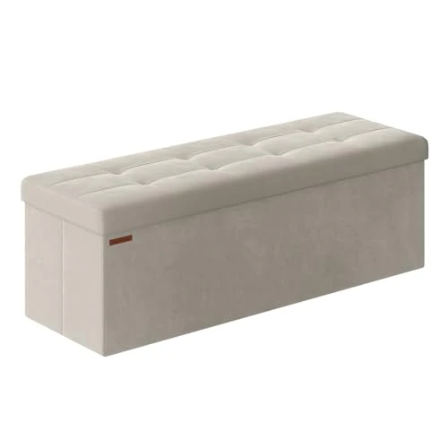 SONGMICS Banc de Rangement, Pouf Pliable, 38 x 110 x 38 cm, Bout de Lit, Repose-Pieds, Coffre de Rangement, Charge jusqu'à 300 kg, pour Salon, Chambre, Entrée, Blanc Crème LSF277W01