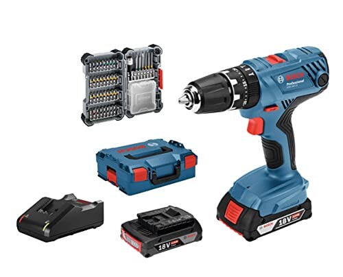Bosch Professional 18V System Perceuse-Visseuse à Percussion sans Fil GSB 18V-21 (avec Batterie 2x2.0 Ah, Jeu d'Accessoires 40 Pièces, dans L-BOXX) - Amazon Exclusive Set