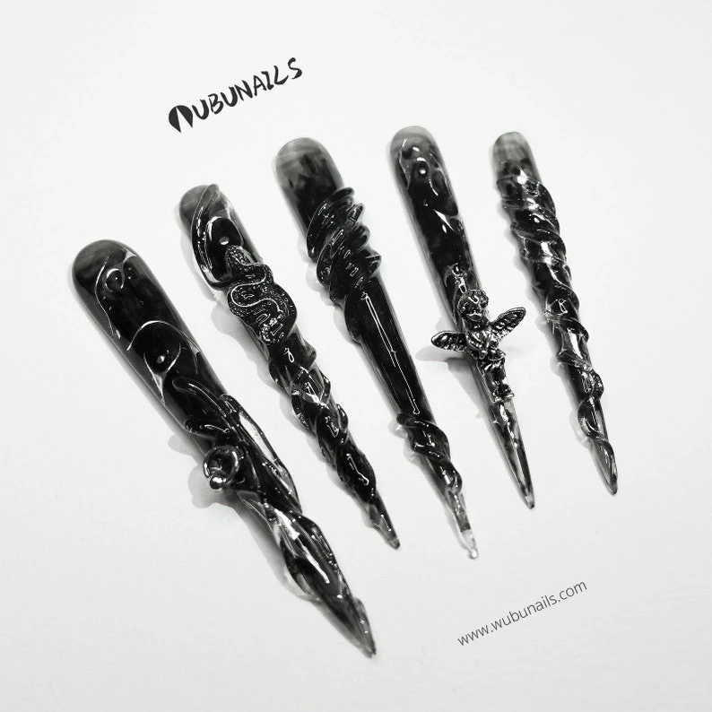 Handmade stiletto gothic press on nails for Halloween party, Y2K 3D Black punk fake nails with dark witchy snake for Cosplay, luxury nails