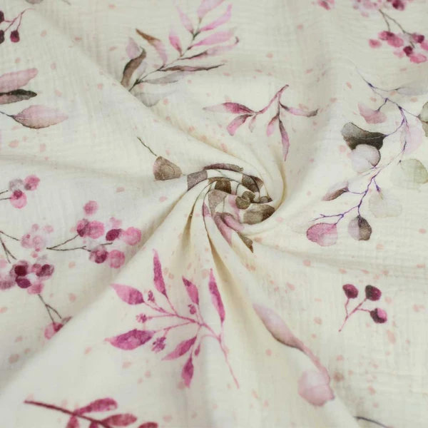 Tissu double gaze de coton écru à motif eucalyptus rose et vert | Tissu pour couture de vêtements de poids léger à moyen