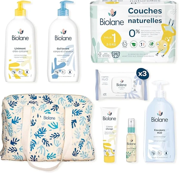 BIOLANE Coffret Maternité - Kit de Soin Bébé Naissance - Sac à langer & soins pour bébé - Couche, Lingettes H2O