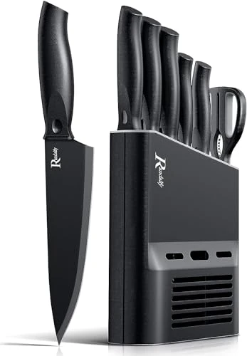 Couteau Cuisine, Ustensiles de Cuisine, avec Blocs, Compris Couteau a Steak, à Pain, pour Table, Noir