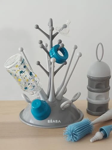 BÉABA, Coffret Naissance Bébé, Set Cadeau Naissance, Egoutte Biberon Arbre Grande Capacité-Gris, Boite Doseuse de Lait Empilable-Gris, Goupillon Biberon Silicone