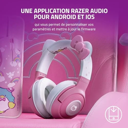 Razer Kraken Bluetooth Kitty Edition - Casque Gaming sans Fil (Casque avec Oreilles de Chat, Eclairage Chroma RGB, Microphone Intégré Beampourming, Haut-parleurs de 40mm) Rose-Blanc