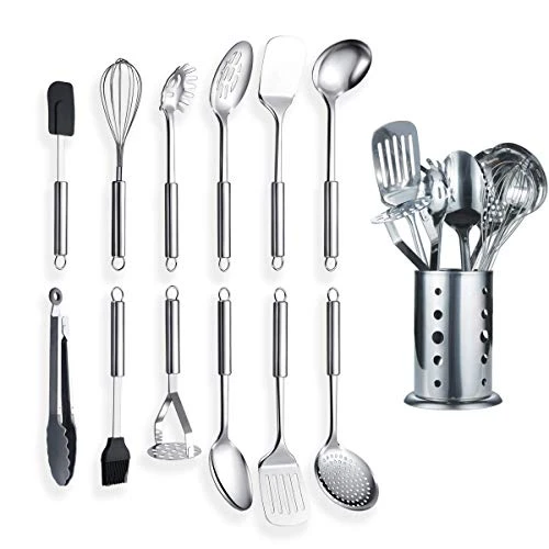 Ustensile de cuisine en acier inoxydable 12 pièces avec 1 support, cuillère de cuisine, ustensiles de cuisine Ustensile de cuisine avec support. (13 pièces) VC.KT19A.13