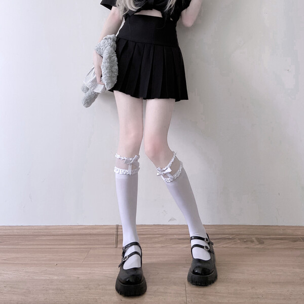lolita Japan Style Little Women Side Bow-Knot Lace White Blackmiddle Long Tube Silk Socks Summer Women Thin section