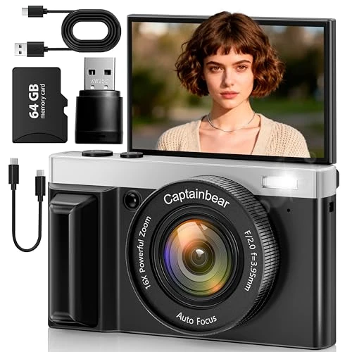 Caméras numériques 4K pour photographie, caméra de vlogging autofocus 64 MP pour YouTube 3" écran rabattable à 180°, zoom numérique 16x, appareil photo compact et prise de vue anti-tremblement