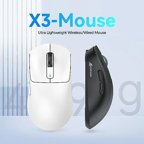 ATTACK SHARK X3 Souris ultralégère 49 g, PixArt PAW3395, souris de jeu sans fil/filaire BT/2,4 G, 26 000 DPI, batterie 200 heures, souris de bureau pour Win11/Xbox/PS/Mac (blanc)