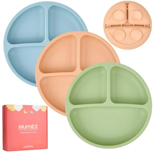 MumEZ Lot de 3 assiette ventouse pour bébé - Antidérapantes assiette bebe - Pour les tout-petits et l'auto-alimentation - Sans BPA - Passe au lave-vaisselle et au micro-ondes