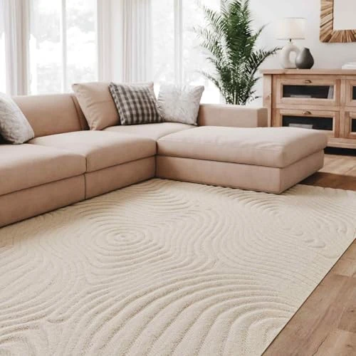 Interiyou Tapis Salon à Poils Courts Lecce - 160x230 Crème - Intérieur pour Chambre, Bureau, Couloir - Motif bohème scandinave avec Effet 3D - Design géométrique Plat