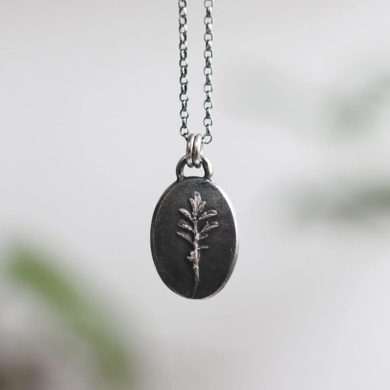 Pressed Flower Silver Necklace, Oxidised 925 Sterling Silver , Fossil Leaf Necklace, Handmade Medallion Pendant Necklace, Summer Necklace