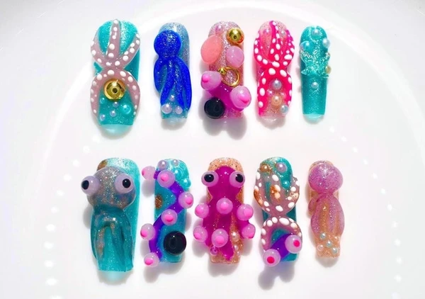 Presse pour coquillages océaniques | Étoile de mer méduse à motif bulle | Faux ongles 3D faits main en forme de cercueil | Nail art coloré pour les