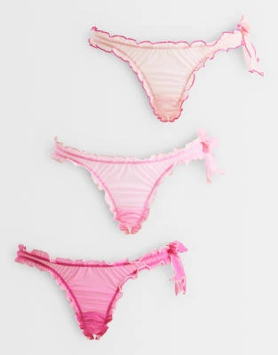 ASOS DESIGN - Bettie - Lot de 3 strings froncés en tulle transparent à détail nœud - Rose