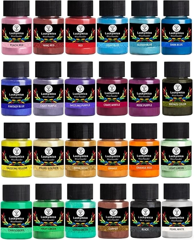 Upgrade Luckymica Poudre de Mica, 24 Couleurs Pigment Pearlisé pour Résine Époxy, Kit Artistique pour Savonnerie, Bougie, Brillant à Lèvres, Colorant, Bombe de Bain & Slime