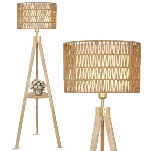 Rayofly Lampadaire Salon, Lampadaire en Bois avec Etagère, Lampadaire Vintage avec Abat-jour en Rotin &amp; Lin, Lampadaire en Rotin avec Trépied, Floor Lamp en Rotin, Lampadaire Boho pour Chambre, Bureau