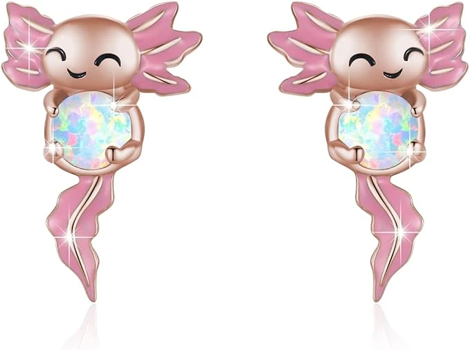 Axolotl Boucles d'oreilles pour femmes en argent sterling 925 Boucles d'oreilles animaux roses Boucles d'oreilles opales hypoallergéniques Axolotl mexicain Bijoux Cadeaux pour femme, middle, Argent
