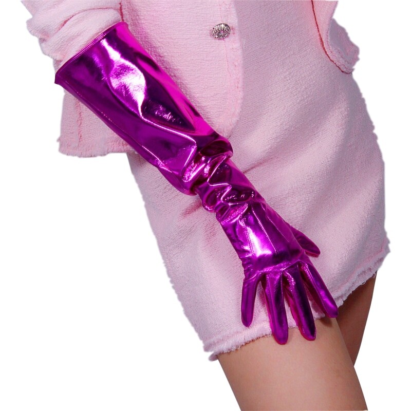 Gants longs en cuir verni, 50cm, manches lanternes, cuir émulation brillant, rouge Rose vif, WPU12-50W