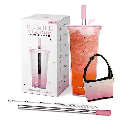 HYDRATE 2.ONE Gobelet Plastique Reutilisable avec Paille pour Bubble Tea perles en inox - Grand Verre a cocktail de 700ml pour smoothie, tasse a the, inclut un couvercle et sac de transport (Rose)