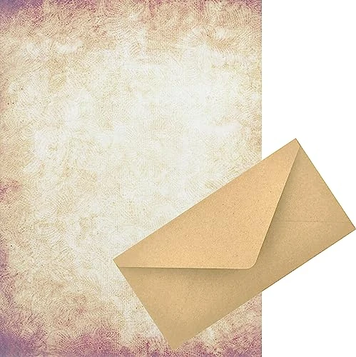 PROMOTION NOËL | LOT 80 pièces - Papier à Lettre Vintage - 40 Feuilles A4 avec 40 Enveloppes Kraft assorties | Calligraphie à la plume et grimoires anciens (7. Marron vintage)