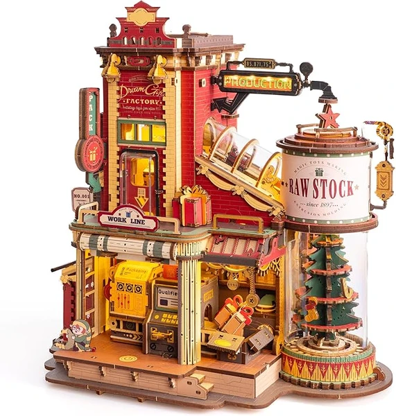 ROBOTIME Puzzle 3D Fabrique de Cadeaux Maquette en Bois a Construire, Rétro Vintage Jouets Production Kit de Construction, Puzzle en Bois Lumineuse avec Musique et 5 Elfes pour Enfant Adulte