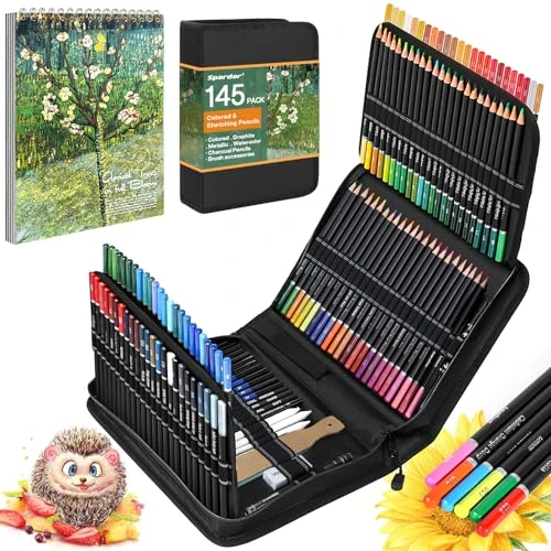 Spardar 145 PCS Kit Dessin Professionnel, Avec 120 Crayons de Couleur, Fusains, Crayon Graphite et Sac de Rangement et Carnet de Croquis A4, Convient Pour les Débutants et les Professionnels