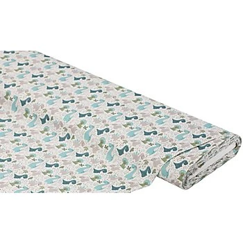Tissu coton 'bébé dinosaures', blanc/menthe/pétrole