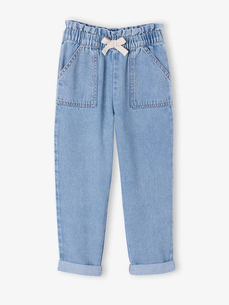 Pantalon paperbag denim bleu clair - Vertbaudet
