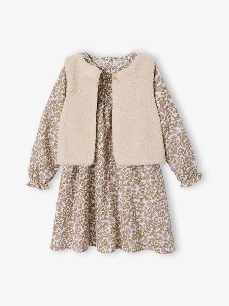 Ensemble fille robe et gilet sherpa écru - Vertbaudet