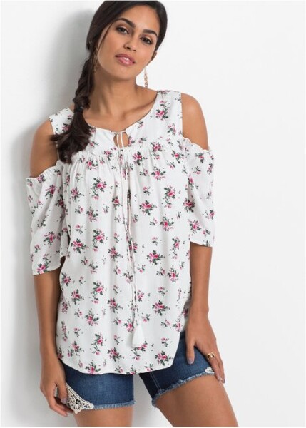 Blouse à épaules dénudées blanc cassé imprimé
