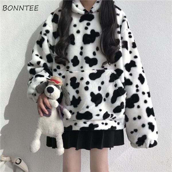 Plus épais vestes à capuche femmes Kawaii vache-imprimé Chic à capuche doux automne mode Ulzzang filles sweat-shirt tout match décontracté Femme vêtements