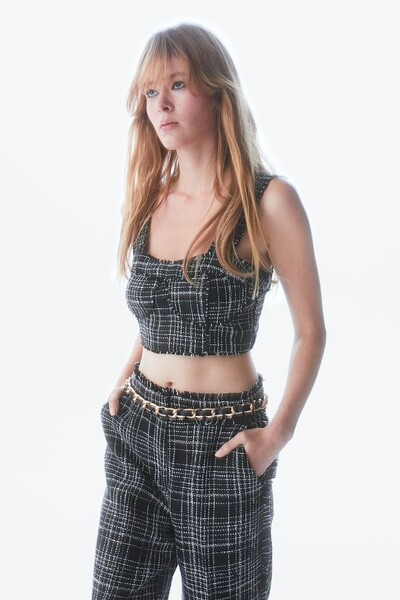 Crop top à bord frangé - Noir/carreaux - FEMME | H&M FR